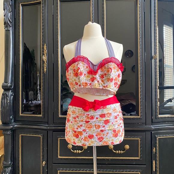 SugarDolls Swim High Waisted Bikini Floral Retro Bathing suit gingham halter top - Picture 5 of 8